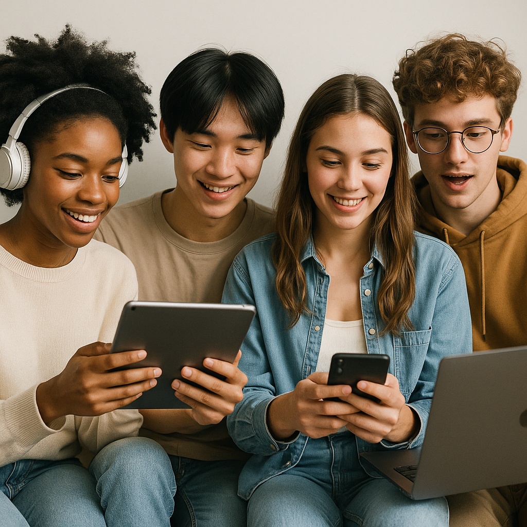 Jeunes étudiants de la Génération Z interagissant avec des médias numériques